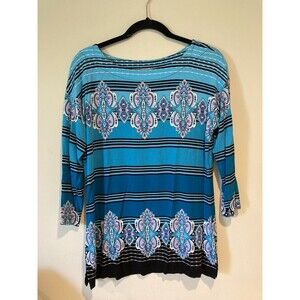 Dana Buchman Long Sleeve Top Blues/Pinks/Black Size Small EUC